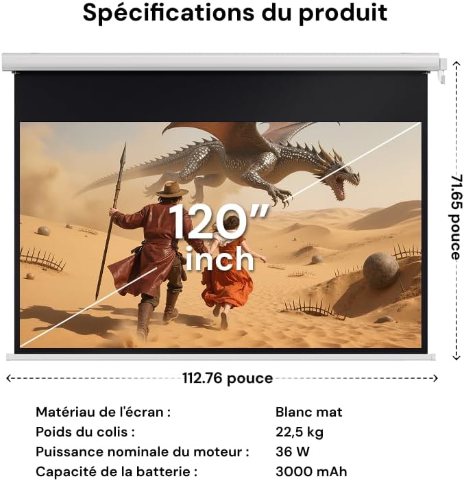 Écran Motorisé Déroulant Valerion 120" - Jardin Étanche Résistant, Toile de Verre Blanche