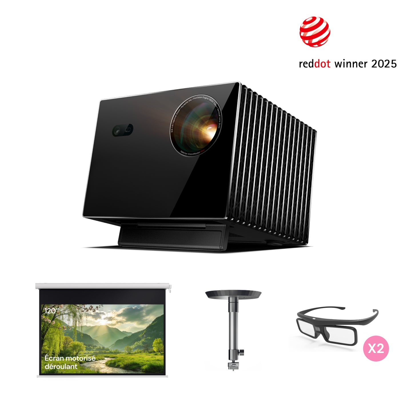 VisionMaster Max + Support + Écran Motorisé Déroulant 120" + Lunettes 3D Gratuits (2 paires)