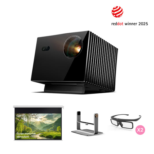 VisionMaster Max + Support + Écran Motorisé Déroulant 120" + Lunettes 3D Gratuits (2 paires)