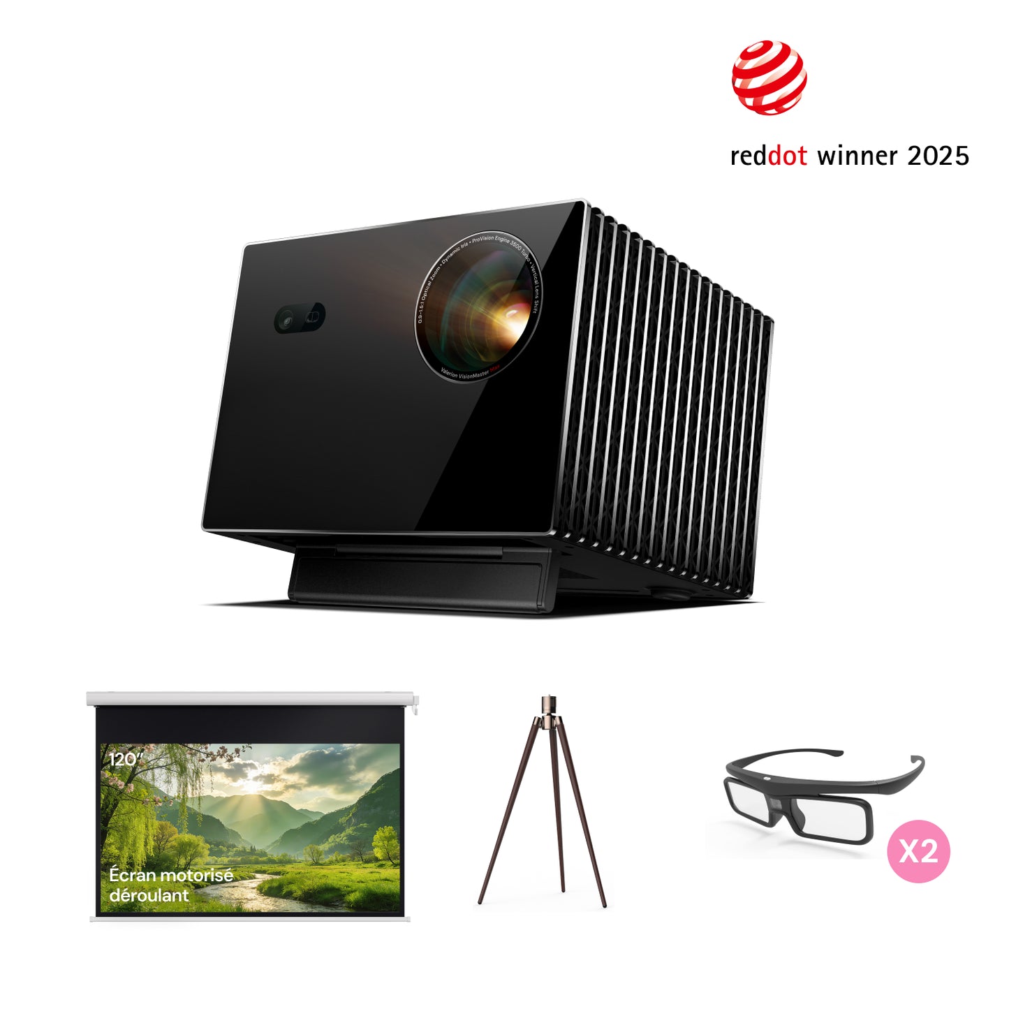 VisionMaster Max + Support + Écran Motorisé Déroulant 120" + Lunettes 3D Gratuits (2 paires)