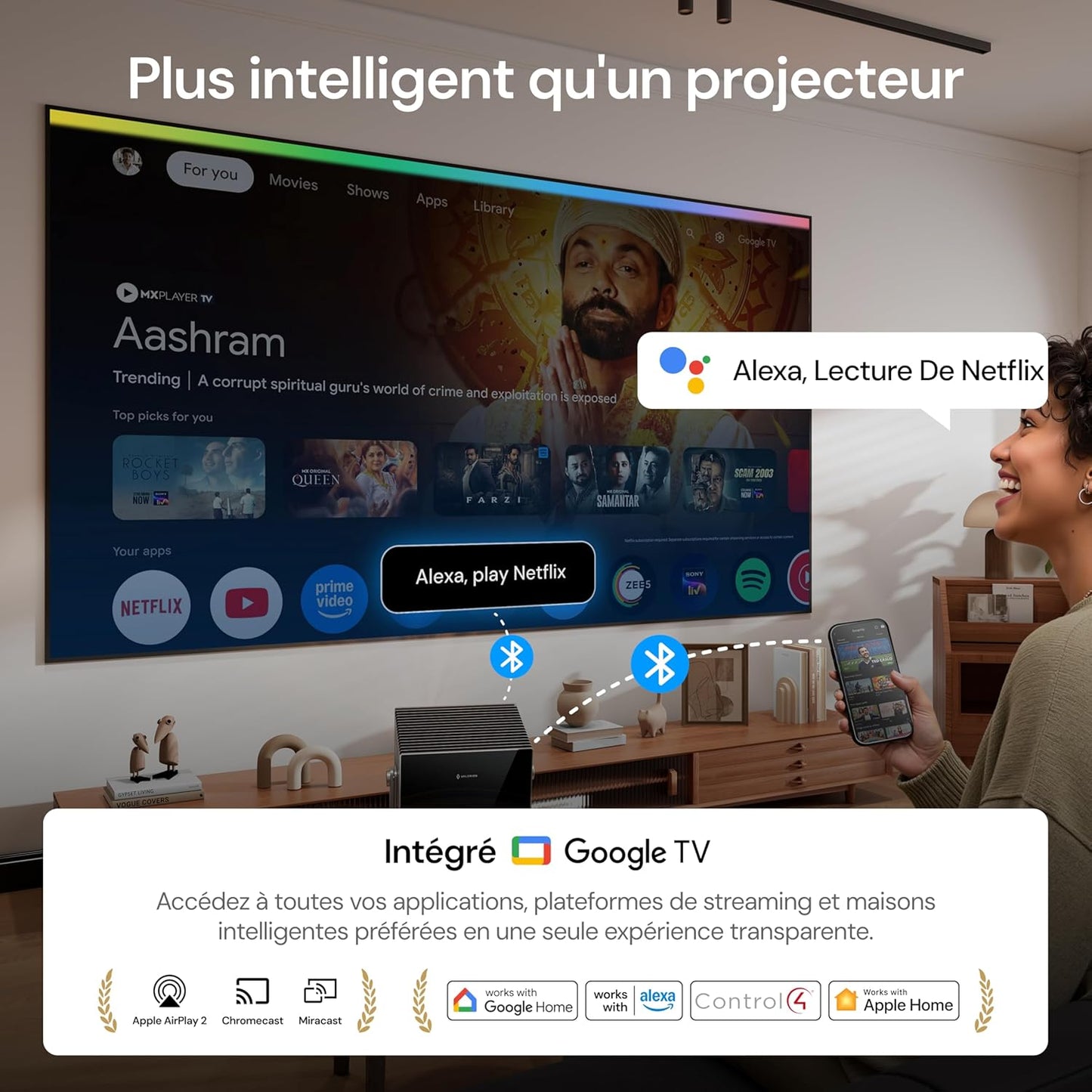 VisionMaster Max + Support + Écran Motorisé Déroulant 120" + Lunettes 3D Gratuits (2 paires)